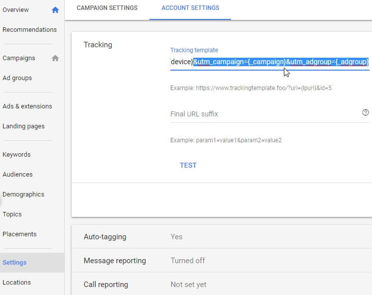 Example of how to add UTM parameters within Google Ads platform