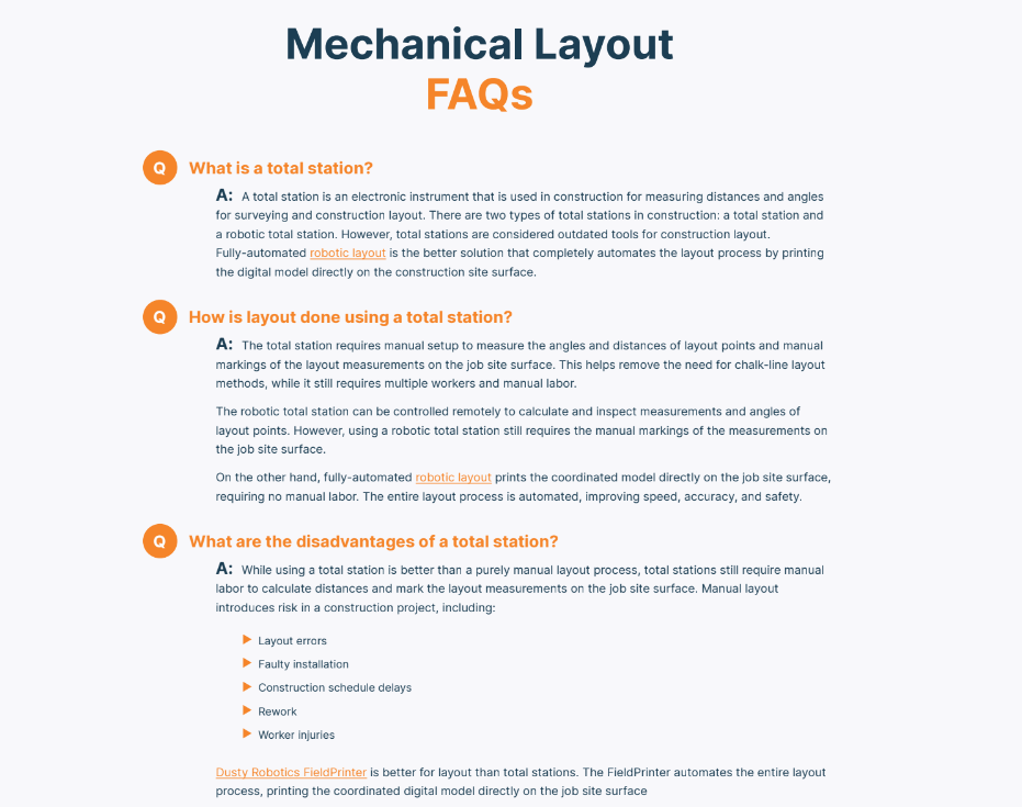 Dusty Robotics FAQ long-form landing page
