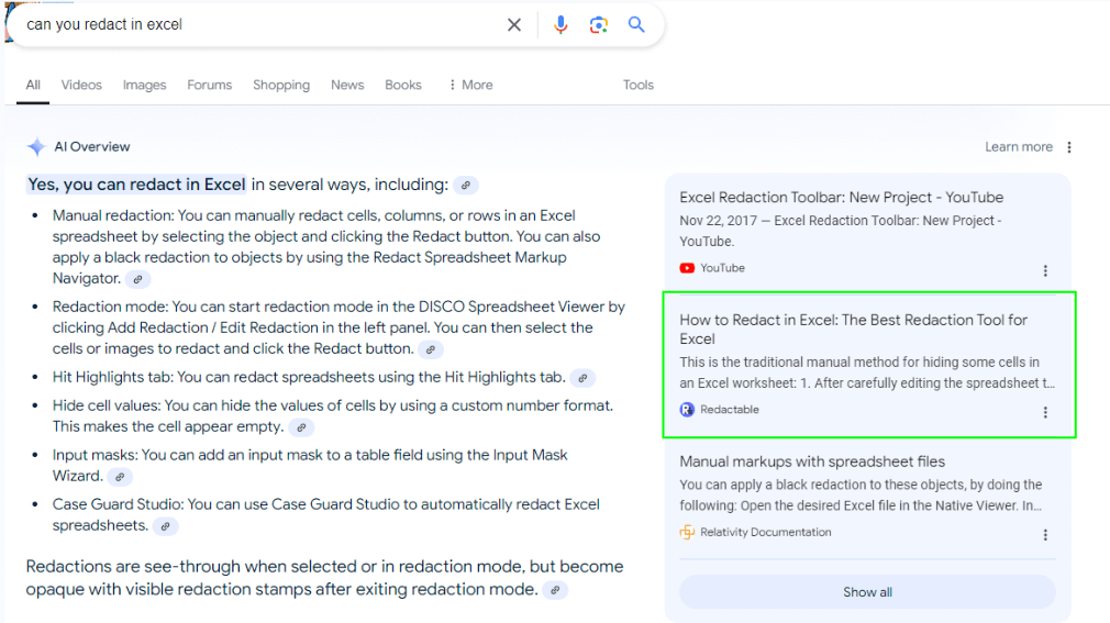 Redactable example of Google AI overview search results