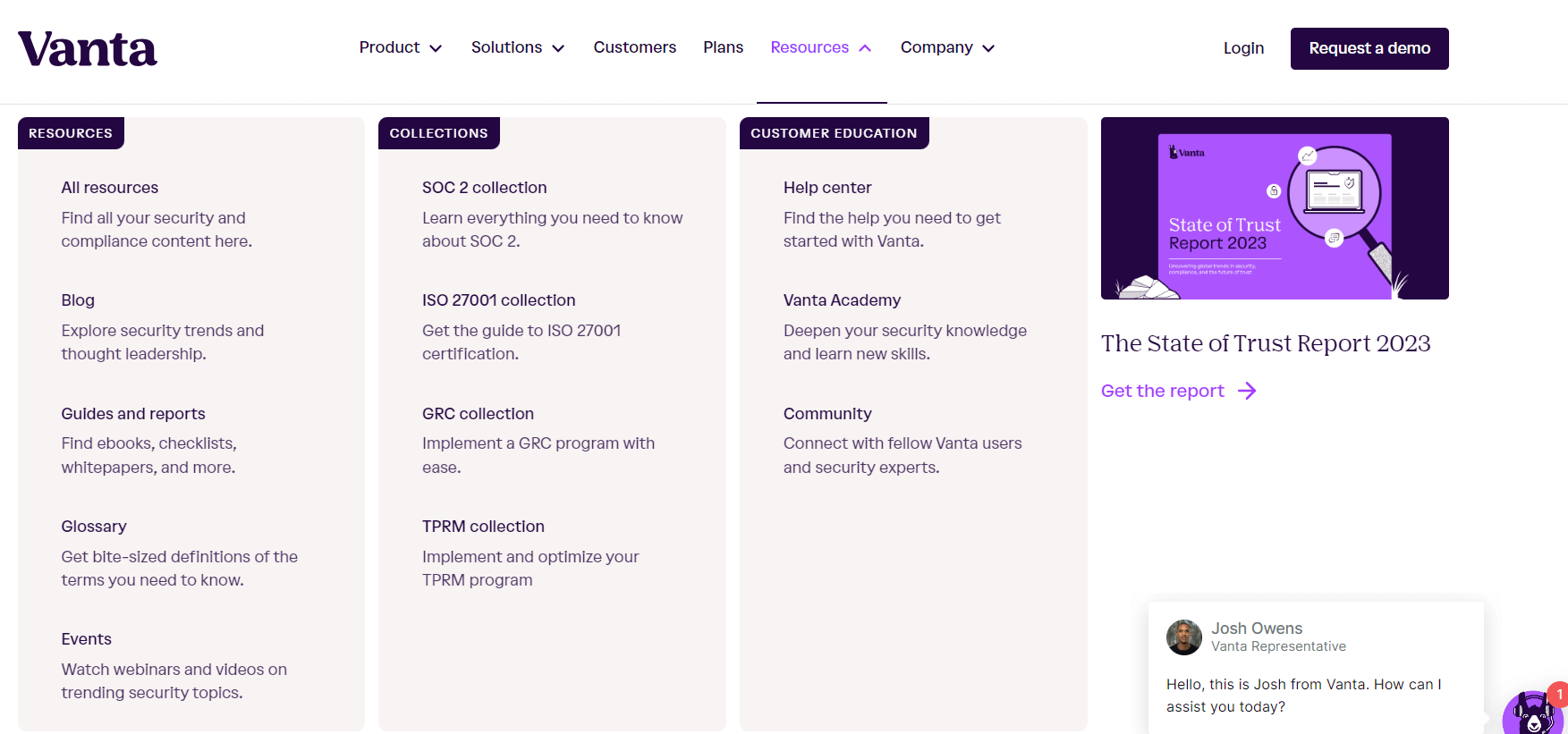 Vanta content collections top navigation menu