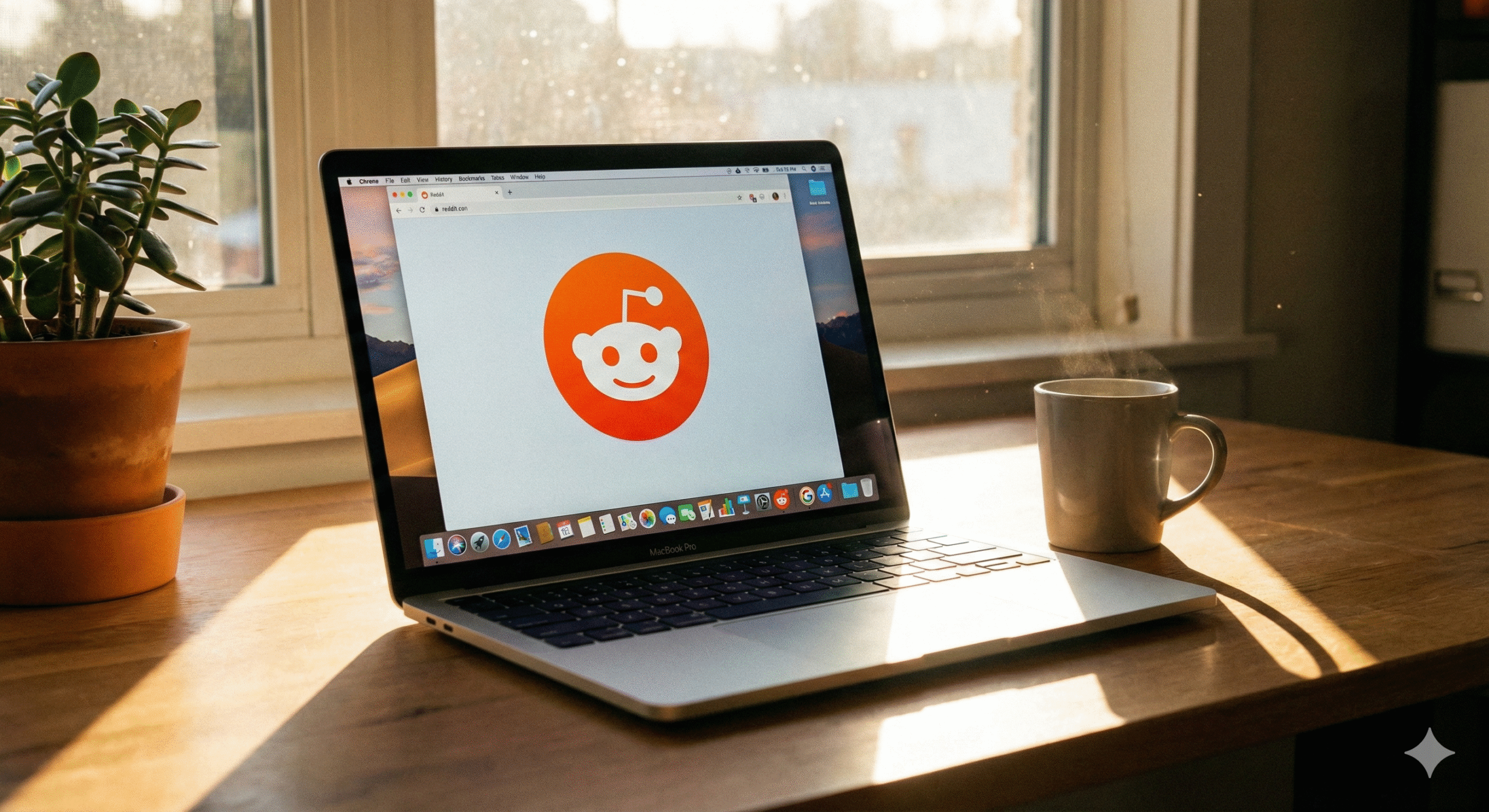 A computer looking at the reddit logo on a table