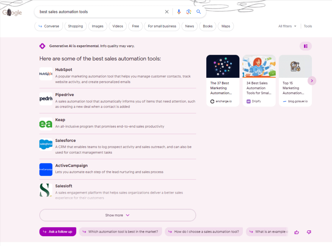 Google SGE testing - best sales automation tools