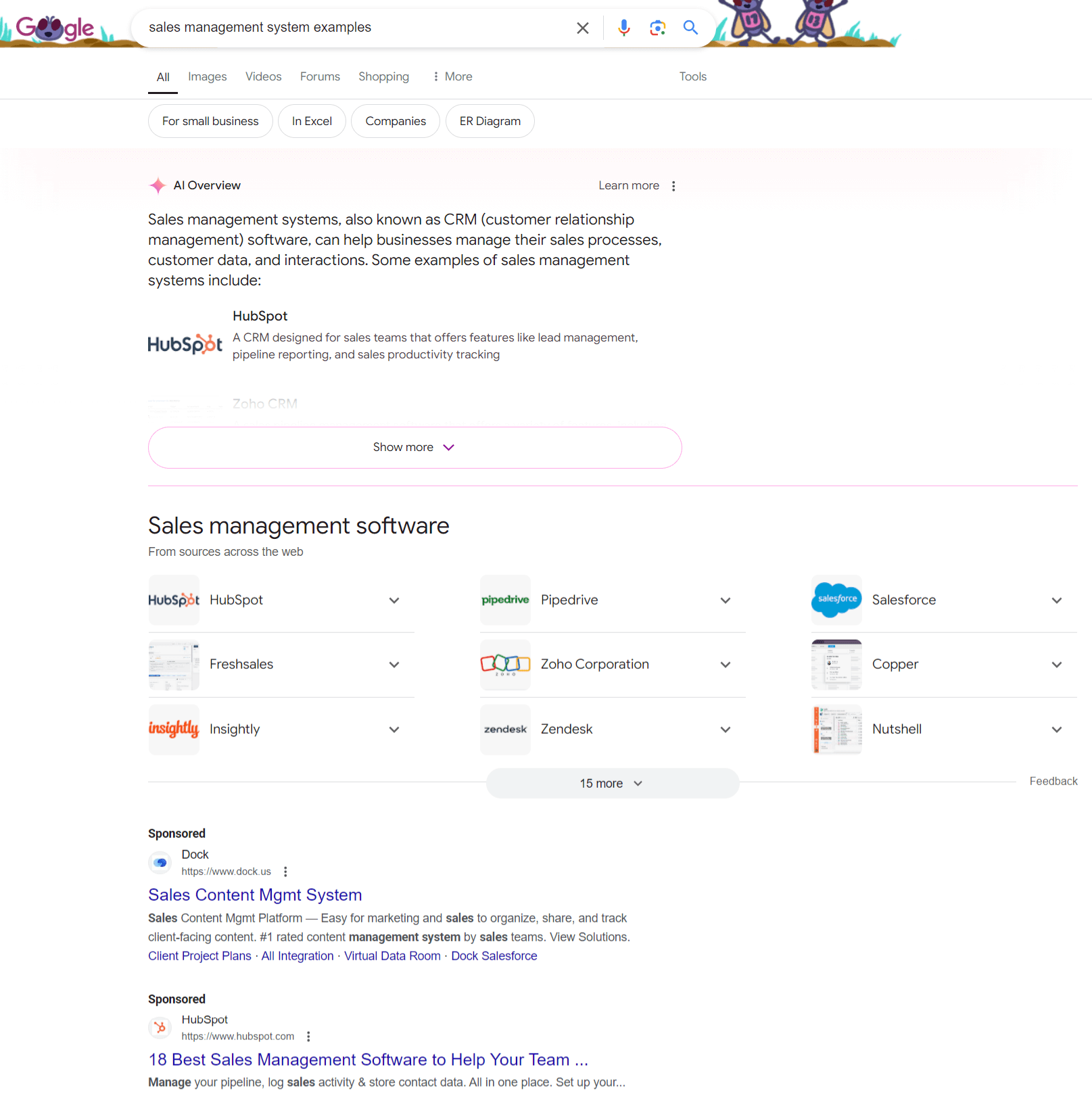 Google SERP Example for 'sales management system examples' with AI Overview
