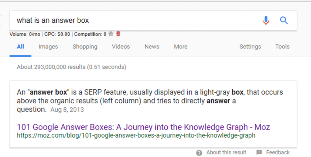 What is an answer box SERP google results