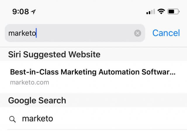 Siri Suggested Website Marketo Example