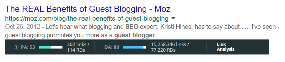 MozBar site data in SERPs