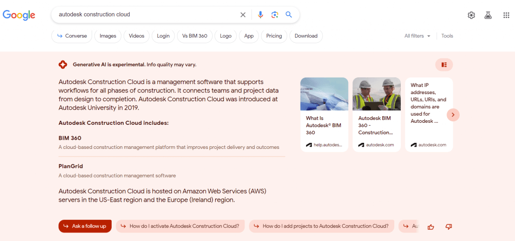 Google SGE testing - autodesk construction cloud
