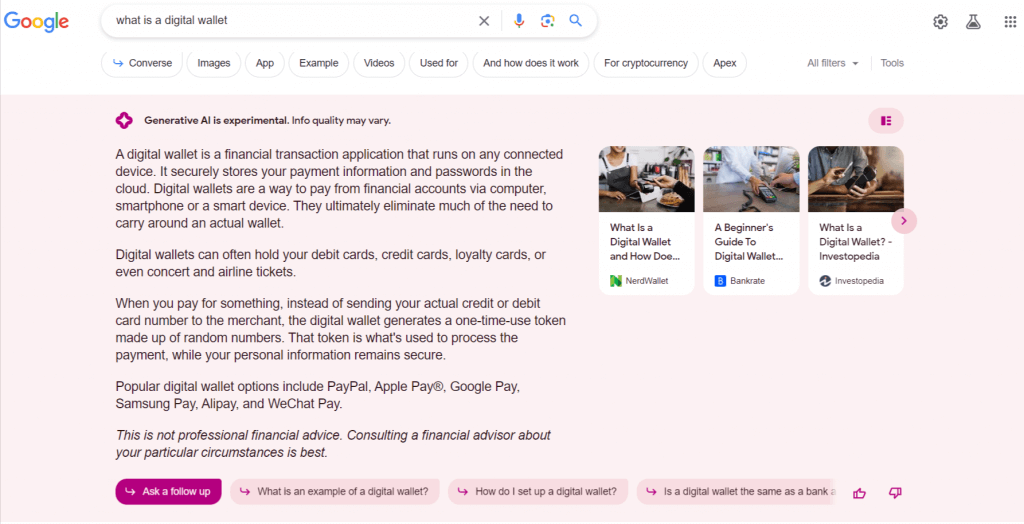 Google SGE search testing - what is a digital wallet